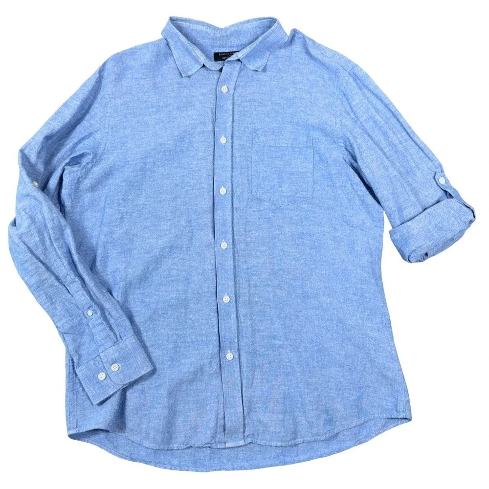 Banana Republic Mens Linen Cotton Shirt L Cascade Blue Chambray Roll Up Sleeve